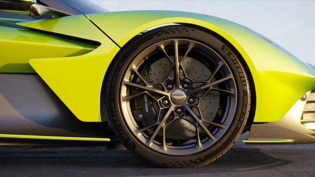Aston Martin Valhalla 2026 Model, Fluorescent Green Body, Rear Quarter View Highlighting Wheel