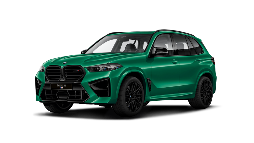 صورة ثابتة لطراز BMW X5 لعام 2024 بلون أخضر زمردي مع خطوط ملونة على الخلفية