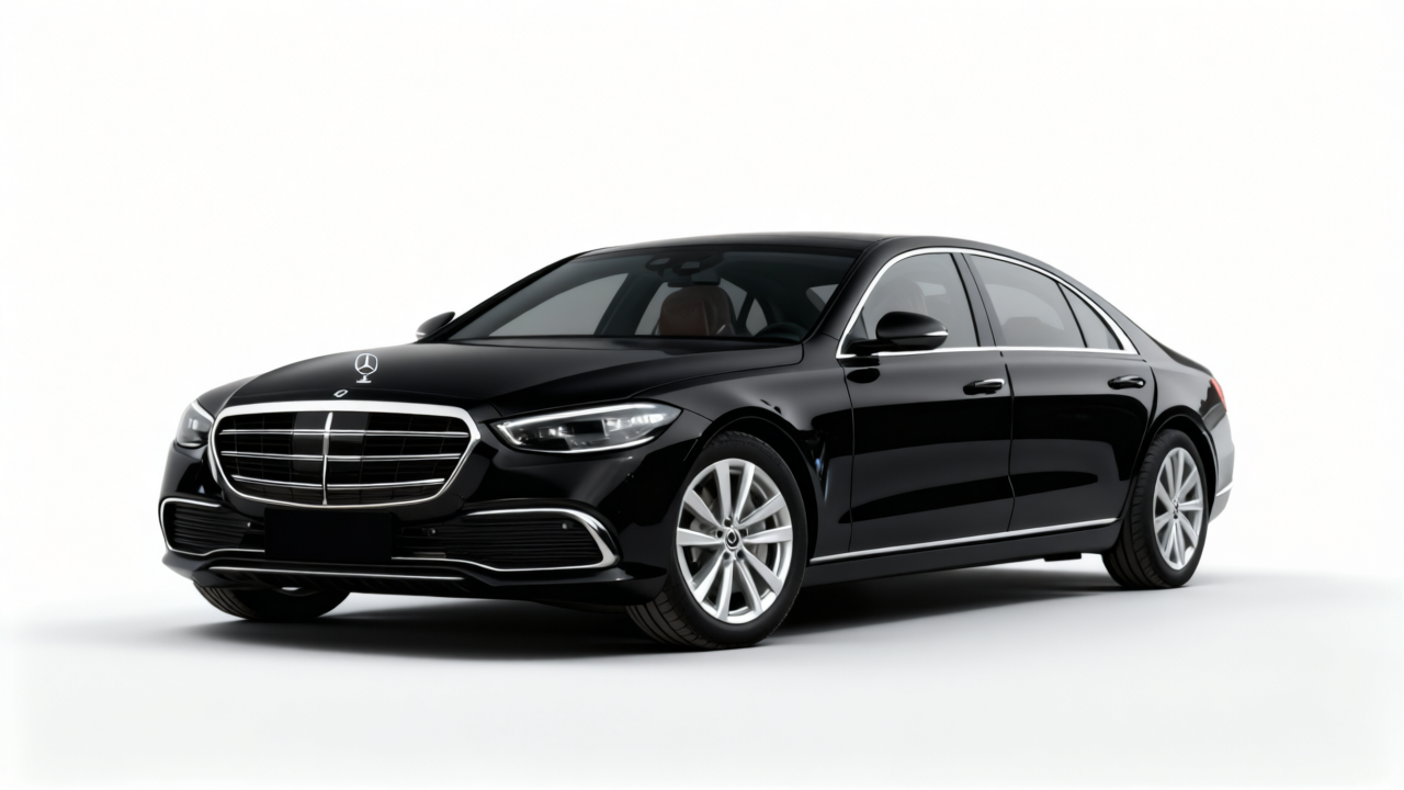 عرض أمامي لسيارة Mercedes Benz S Class باللون الأسود