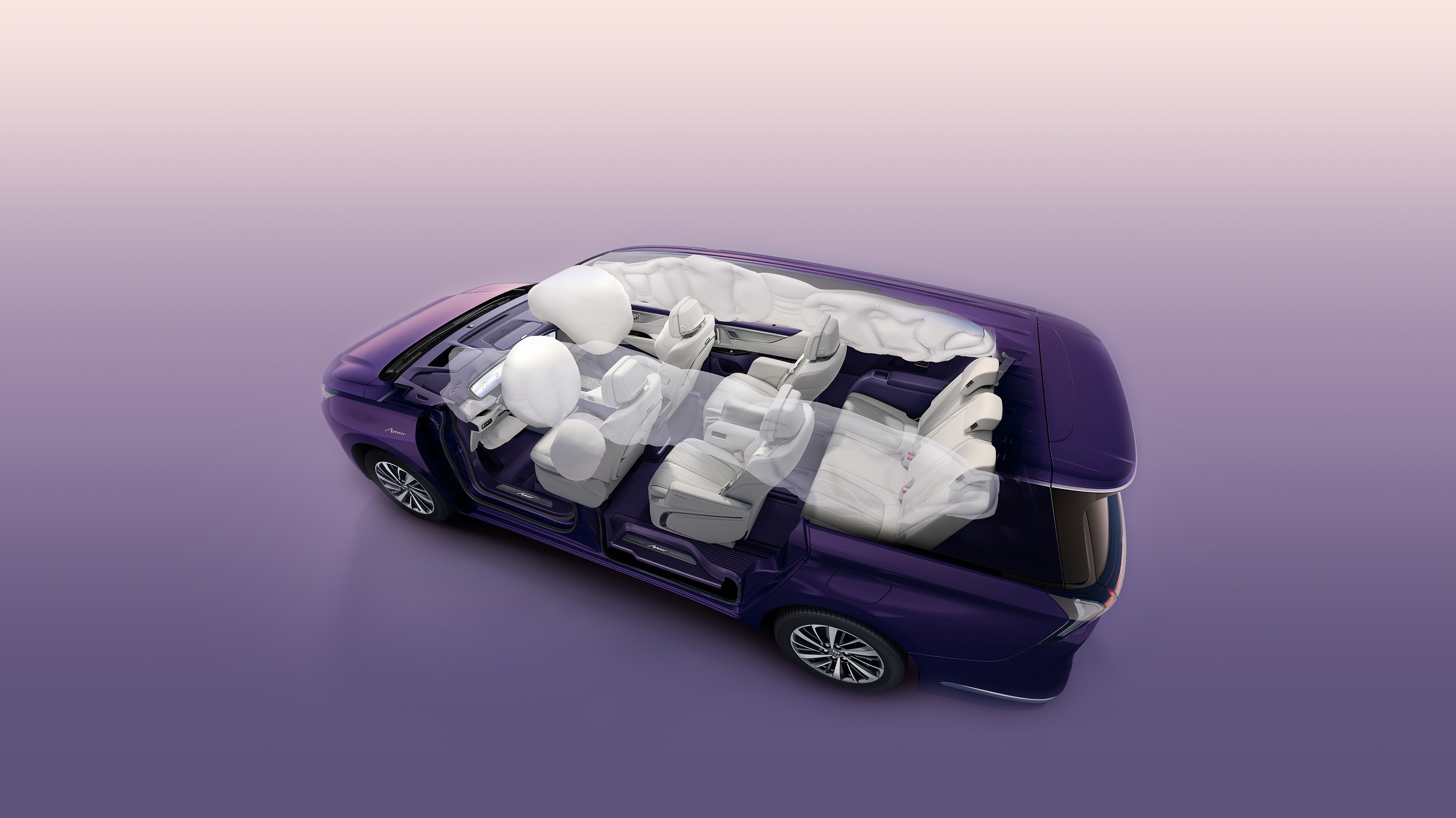 Overhead view of 2026 Buick GL8 Lushang in purple, highlighting seat layout and interior space design
