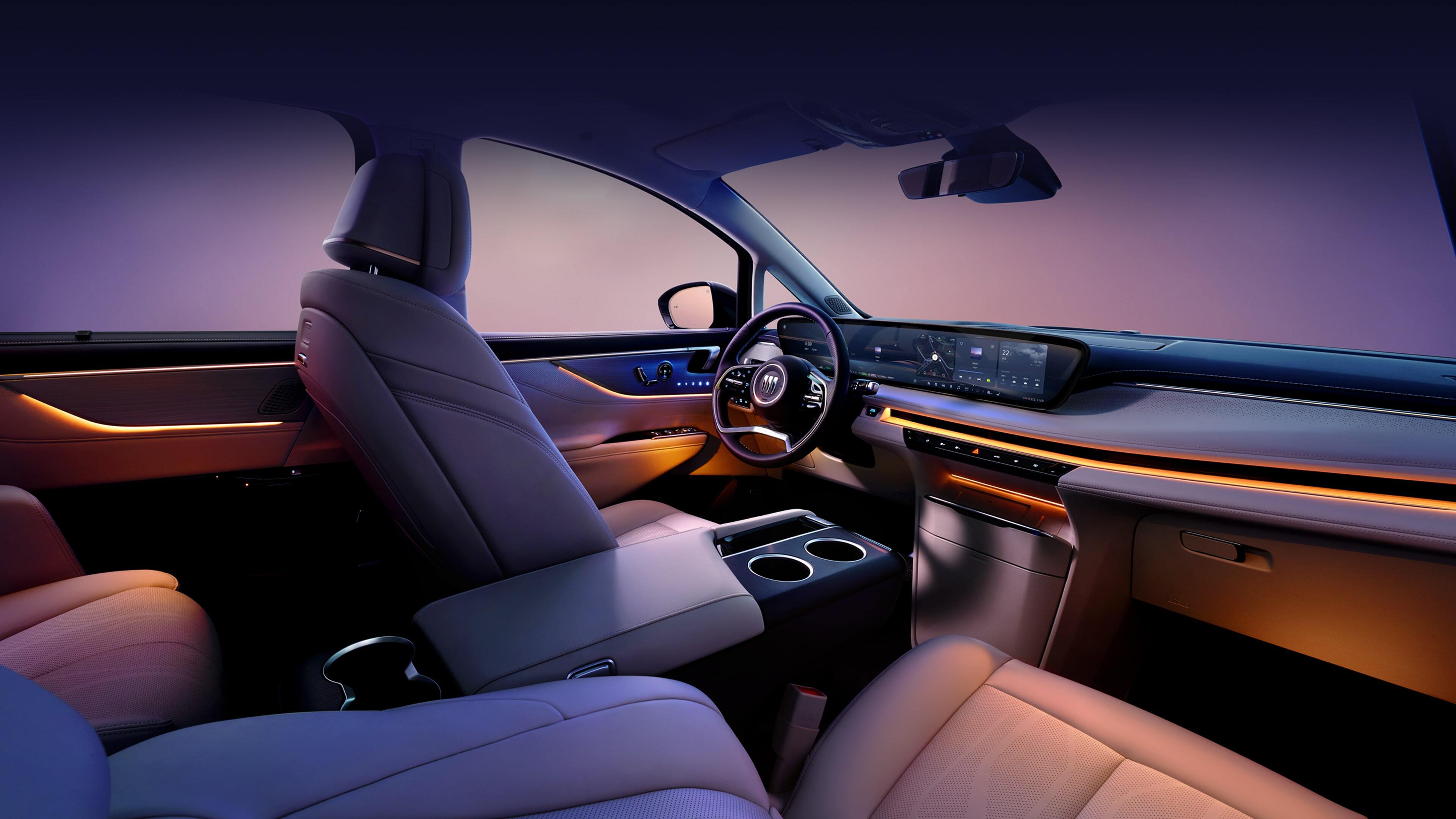 2026 Buick GL8 Lushang interior, front-row seats and center console panorama, ambient lighting activated, highly tech-forward