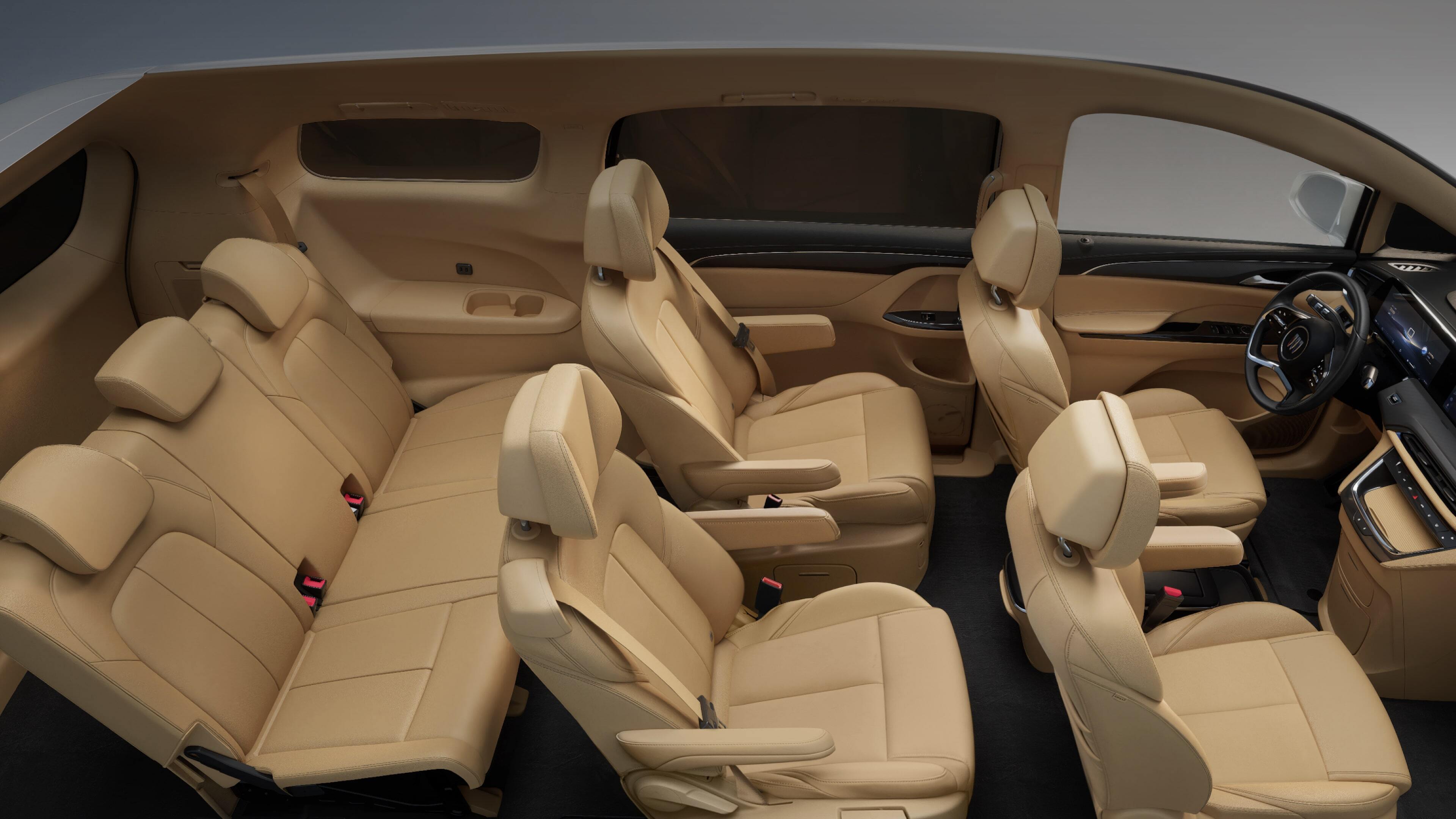 منظر داخلي لطراز ٢٠٢٦ من Buick GL8 «لو شانغ غونو تشوانغ»، يظهر المساحة الداخلية وتوزيع المقاعد على خلفية بيضاء.