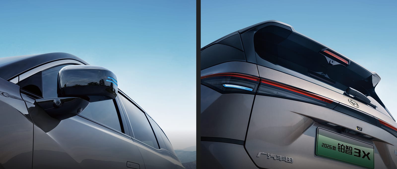 صورة جانبية لسيارة TOYOTA bZ3X SUV لعام 2026، باللون الفضي، على خلفية سماء زرقاء وسحب بيضاء