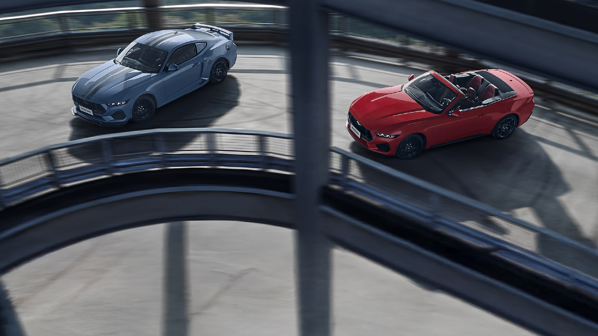 2024 Ford Mustang in red convertible and blue hardtop versions driving on the elevated highway in TownCar, showcasing dynamic styling