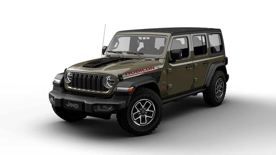 جيب Wrangler موديل 2026 من الأمام بلون أخضر زيتوني على خلفية سوداء