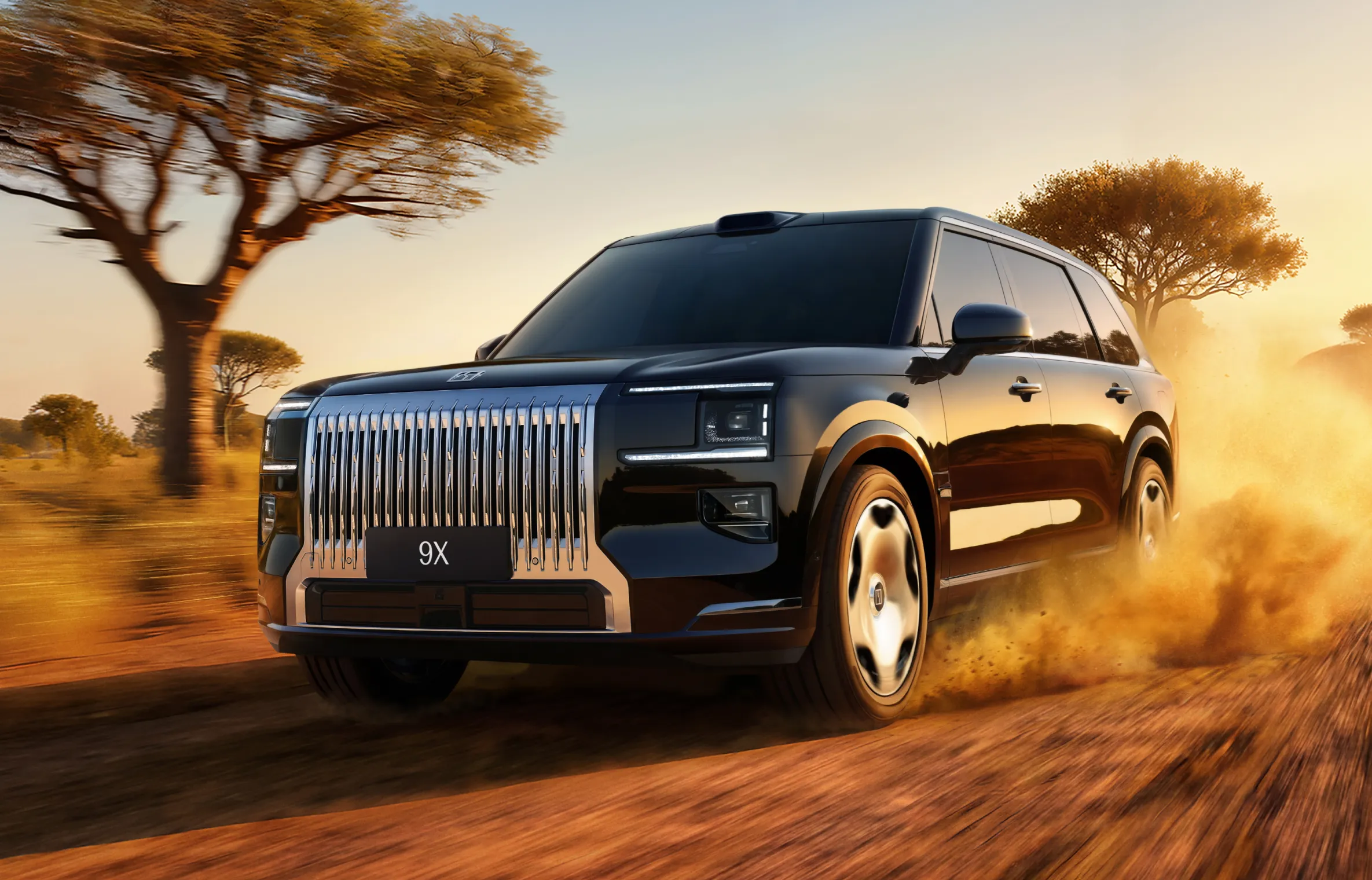 2025 ZEEKR 9X in black traversing a natural landscape