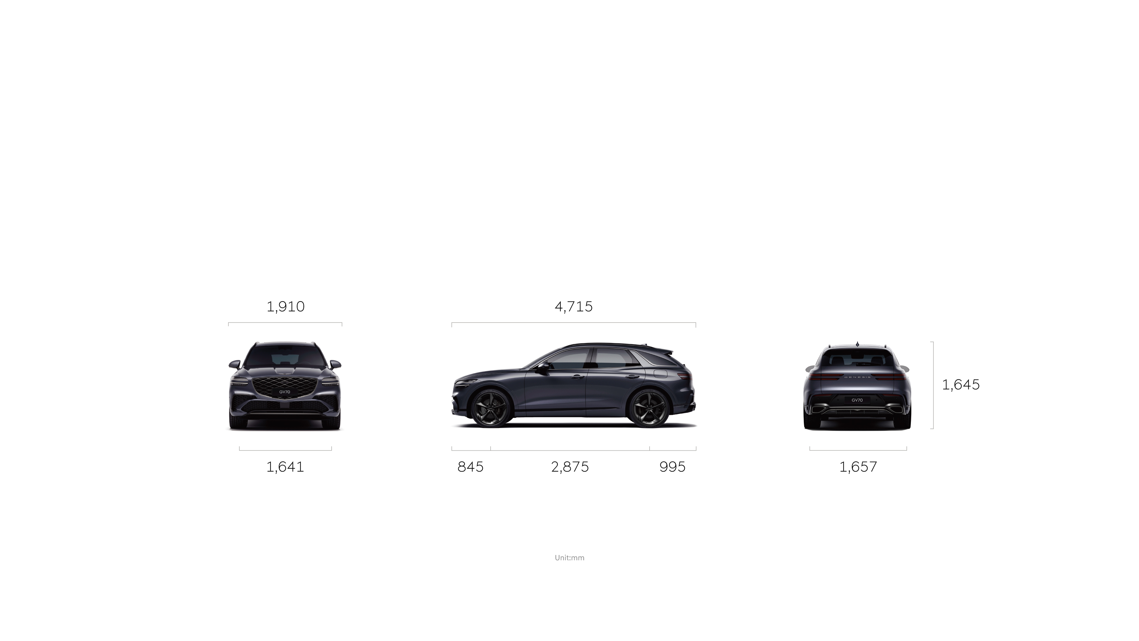 2026款捷尼赛思GV70全车视角展示,车身黑色,白色背景。