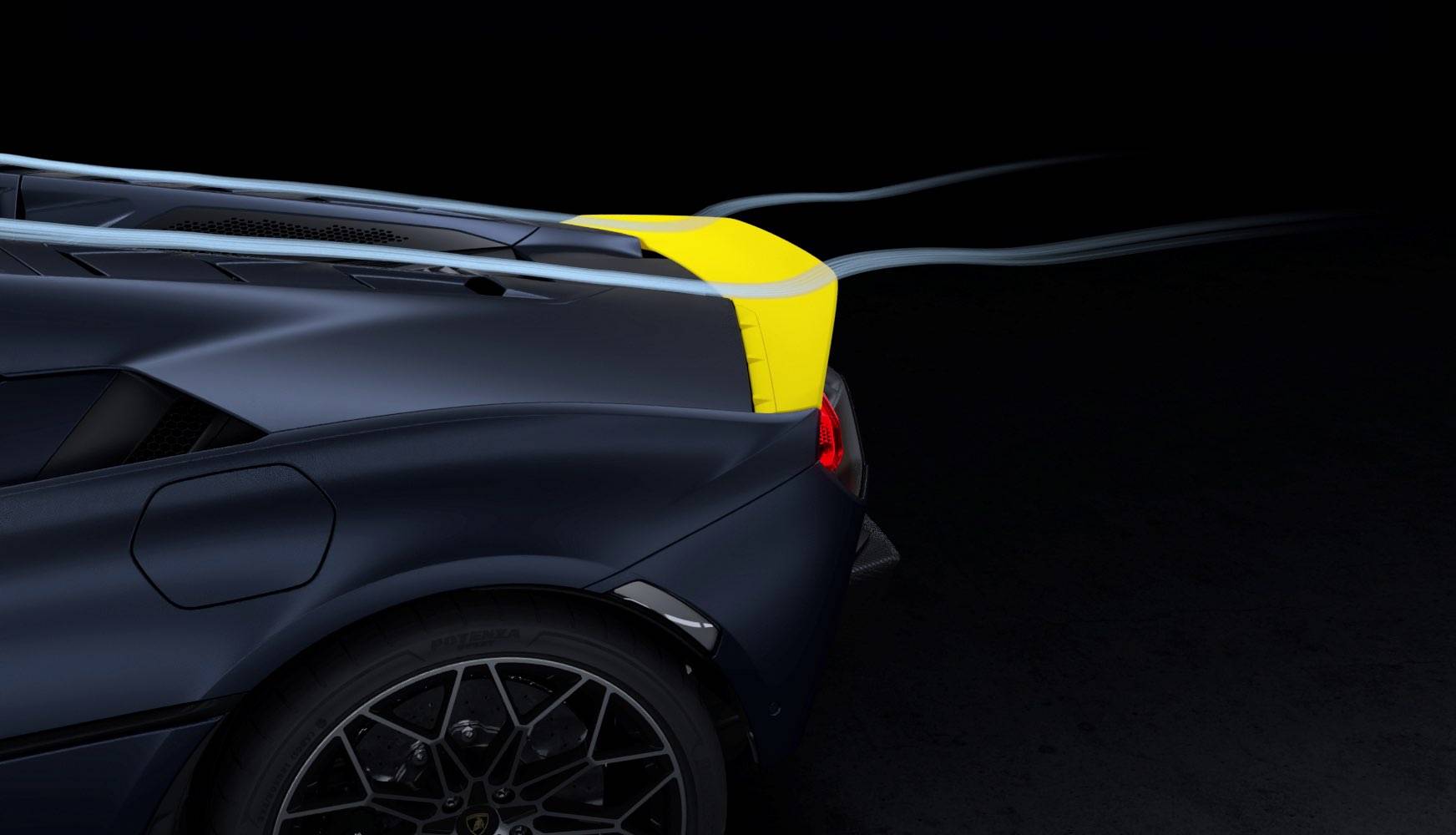 2025 Lamborghini Temerario dynamic side-right view, Deepal-colored body against black background.