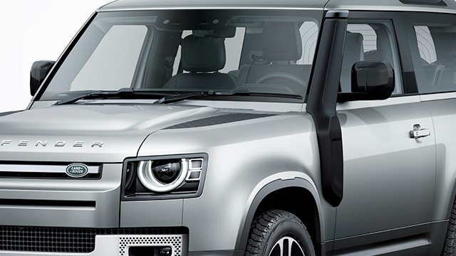 Front close-up of the 2026 Land Rover Defender 110 in Silver