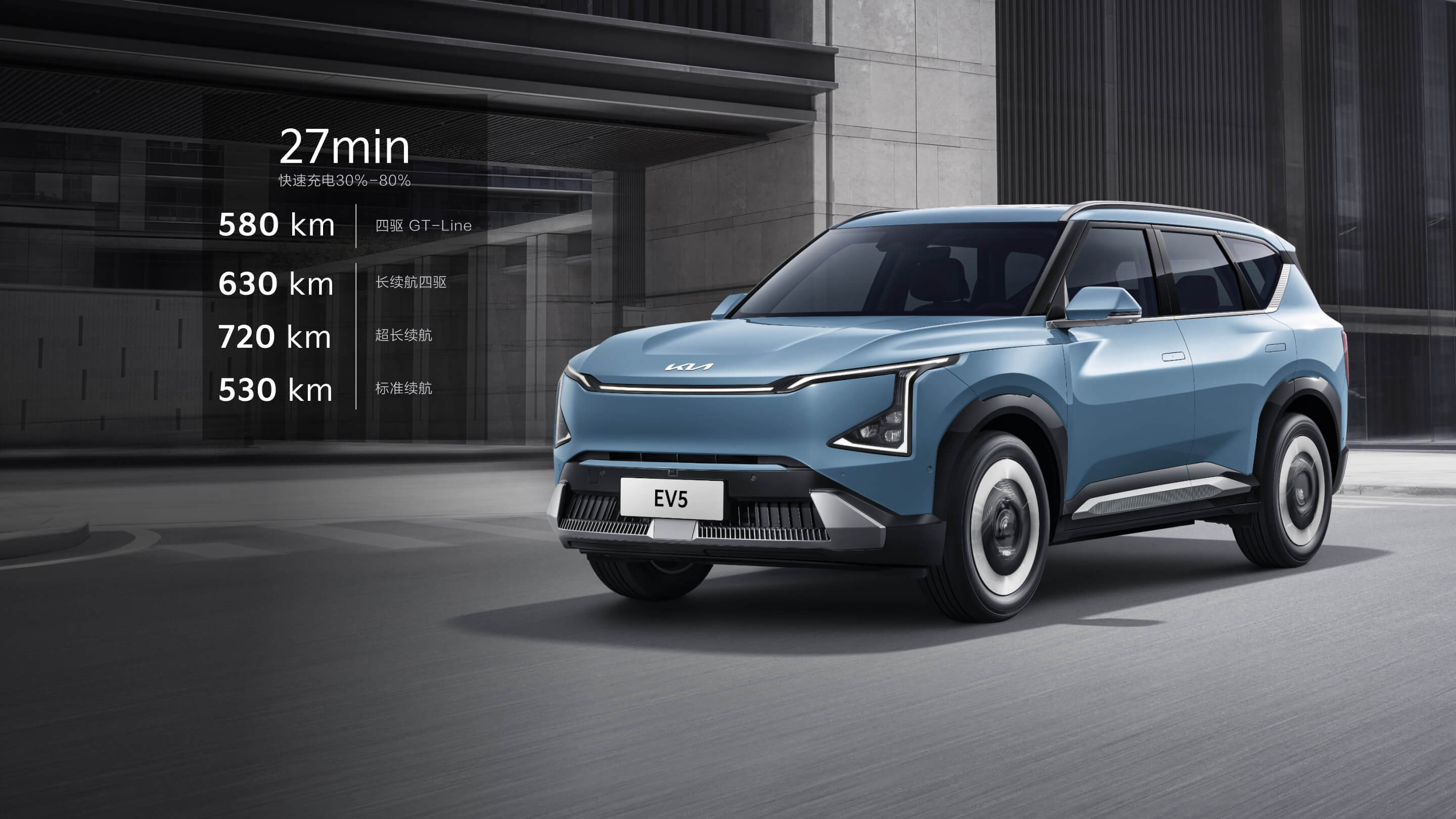 النموذج الأزرق لطراز KIA EV5 ENOVATE لعام 2025، صورة ثابتة أمامية في شارع TownCar