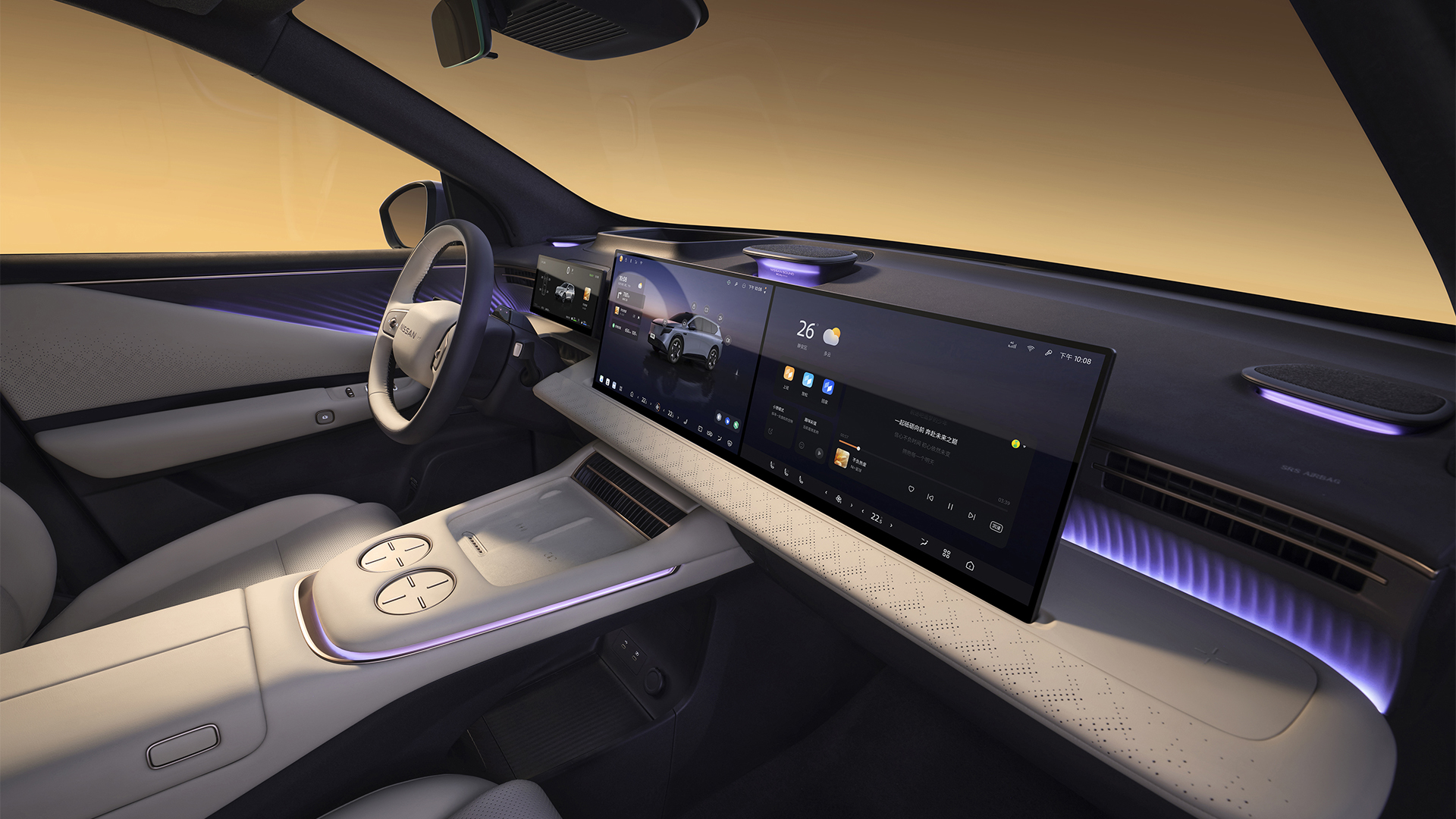 منظور داخلي لسيارة Nissan NX8 لعام 2026، يظهر تفاصيل لوحة التحكم المركزية وعجلة القيادة.
