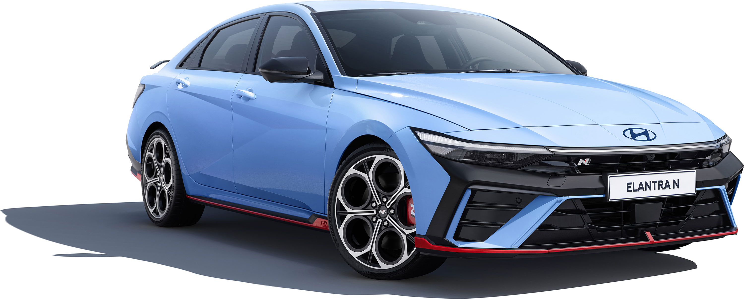 All-new Elantra N, front three-quarter view, body color in ENOVATE Blue, against a white studio background