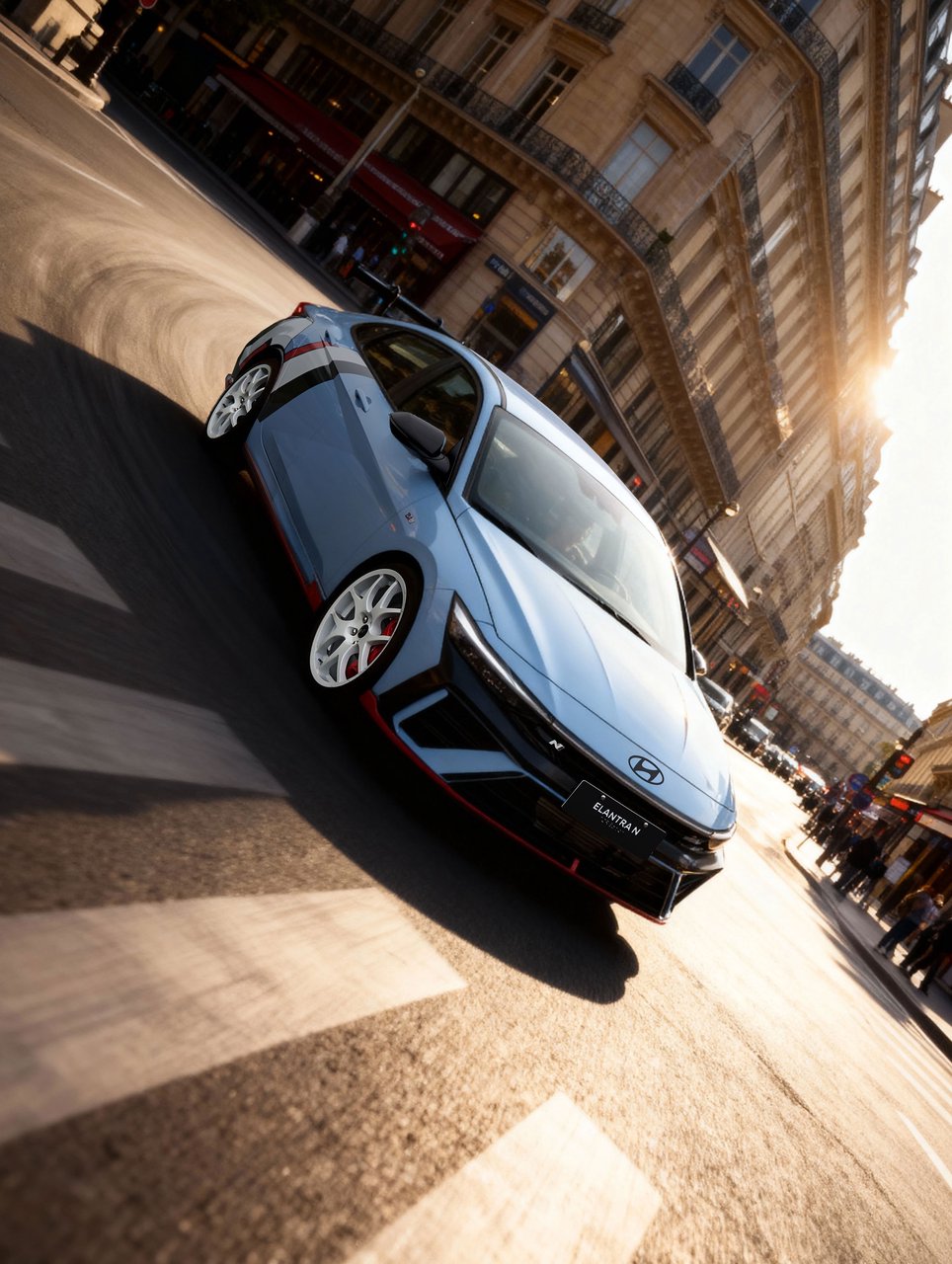 2026 Hyundai Elantra N in blue, driving on an urban street