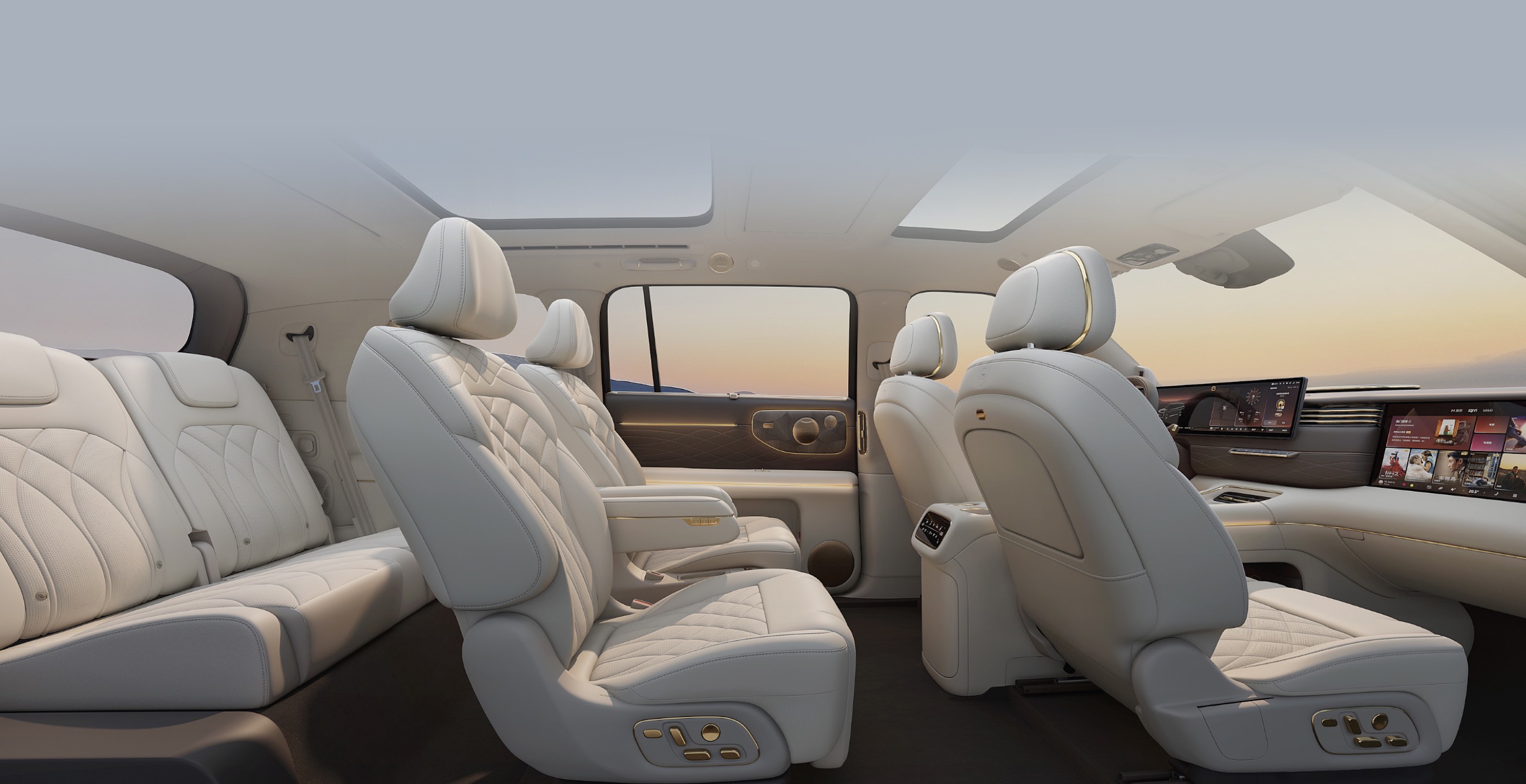 Interior view of IM LS9 2026 model, showcasing white seats and cabin details against an outdoor natural background.